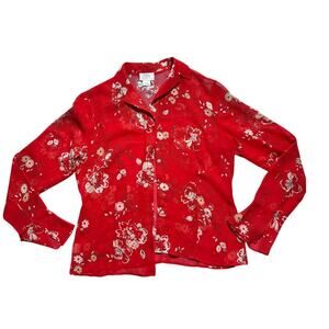 LOFT Red Floral Silk Button Down Blouse Size 6